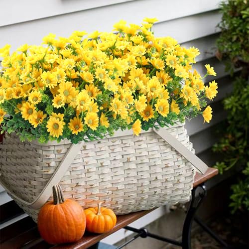 10pcs Outdoors Artificial Mum Flowers UV Resistant Daisy Fake Silk Chrysanthemum Greenery Faux Eucalyptus Plants for Spring Summer Garden Patio Window Box Planter Home Decor(Yellow) - color: Yellow