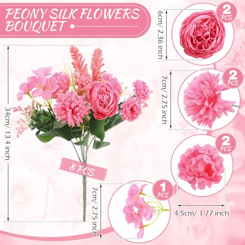 Zeyune 8 Pcs 13.4 Inch Artificial Flowers Bouquet Fake Silk Flowers Faux Bouquet Hydrangea Bouquets for Wedding Birthday Table Centerpieces Home Office Decoration (Peony,Hot Pink) - color: Hot Pink, size: Peony