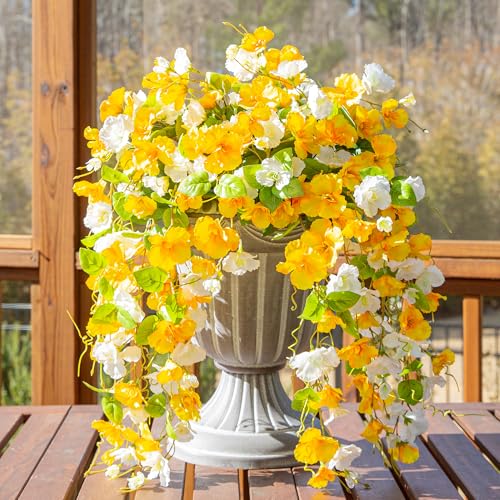 Fake Hibiscus Artificial Hanging Flowers Plants for Outdoors Spring Decoration, 4pcs Silk Hibiscus Vines Realistic UV Resistant Faux Flowers for Outside Planter Porch Patio Yard Wedding Party, Mix - color: Yellow + White, size: 4 pcs