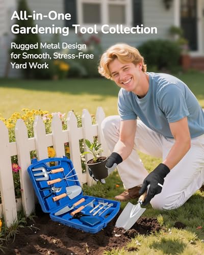 Grenebo 12-Piece Gardening Tool Set for Men, Rust-Proof & Heavy-Duty Hand Garden Tools with Sturdy Blue Carrying Case, Practical & Stylish Gardening Gifts for Men (Blue) - color: Blue