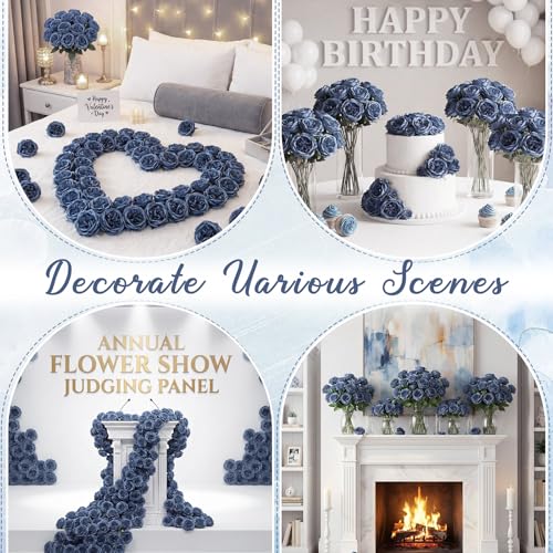 Suncalla 80 Pack Austin Rose Peonies, 3.94 Inch Artificial Flowers Heads Bulk with Stems Leaves for Arrangement Wedding Centerpiece Banquets Party Home Kitchen Decor DIY(Dusty Blue) - color: Dusty Blue