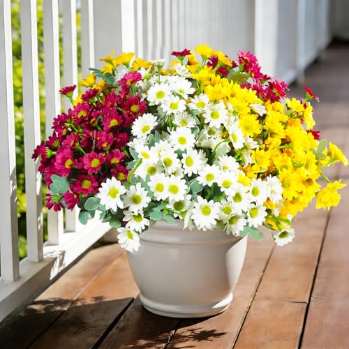 12 Bundles Artificial Daisies Flowers Outdoor Fake Plants Fake Foliage Greenery Faux Plants for Graves Hanging Outside Planter Window Box Wedding Decoration - color: White ,Yellow , Rose Red