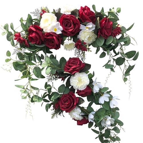 Wedding Arch Flowers,3Pcs Set White Rose Decorative Floral Swags, Artificial Greenery Eucalyptus Leaves Flower For Sheer Drapes, Wedding Chair, Arbor, Wedding Ceremony and Reception Arrangement - color: Burgundy