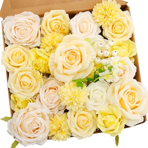 Artificial Flower Combo Flowers Exquisite Yellow Flower Box Set for DIY Bouquets Centerpieces Floral Arrangements, Multi Use Wedding Party Home Decorations Faux Flowers（Yellow & Peach ） - color: Yellow&peach