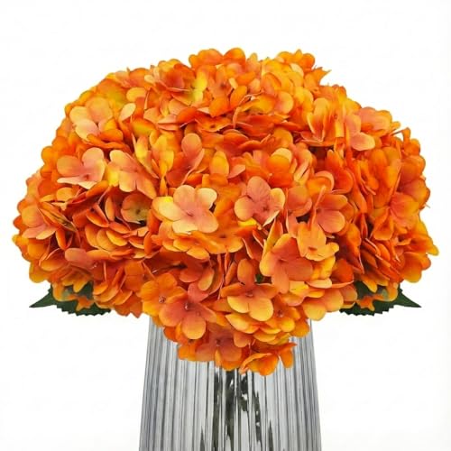 Artificial Fake Flowers Plants Silk Hydrangea 1 Flower Head 5Pcs Stem For Arrangements Wedding Bouquets Decorations Plastic Floral Table Centerpieces Home Kitchen Garden(Burn Orange) - color: Burn Orange