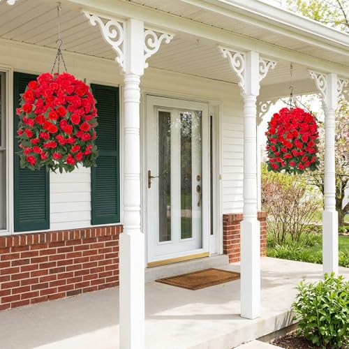 Artificial Geraniums Fake Hanging Flowers Plants Basket for Outdoors Spring Summer Outdoor Decor, 3PCS Faux Silk Geraniums Vines in Planter Realistic UV Resistant for Outside Balcony Patio Porch Home - color: Red