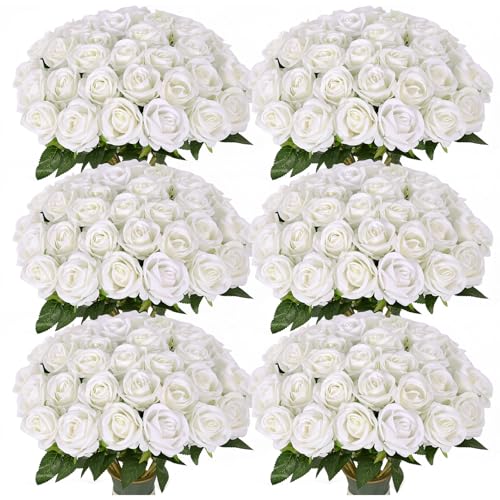 102 PCS White Roses Artificial Flowers, Fake White Roses Bouquet,White Artificial Silk Roses with Stems for DIY Wedding Flowers Decoration, Valentines Day Mothers Day, Bridal Bouquet Roses - color: White, size: 102 Pcs