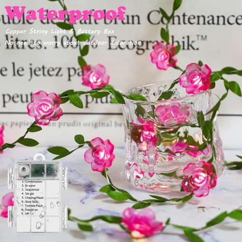 Curyidy Rose Flower String Lights Pink Floral Garland with Fairy Lights | 30 LED Copper Lights, Remote Control, Battery Operated, Vine Lamp, Bedroom, Wedding, Christmas,Valentines Day Decoration