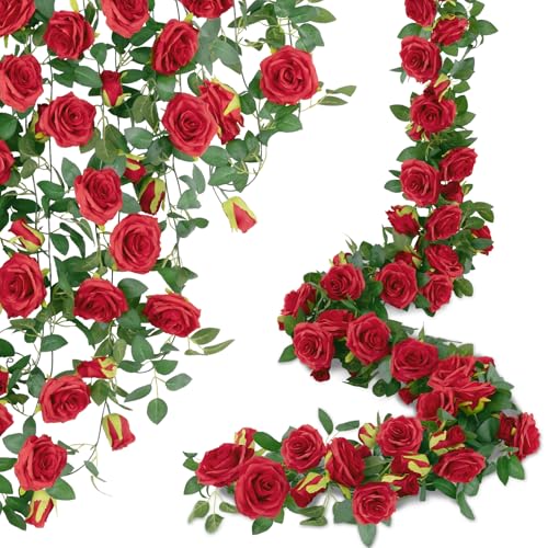 U'Artlines 5 Pack Artificial Red Rose Vines Floral Garlands Total 32.5 Ft Fake Vine Silk Flower Garland for Indoor Outdoor Home Wedding Arch Garden Wall Decoration - color: Red, size: Set of 5