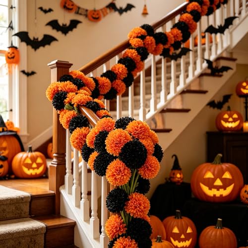 Kimura's Cabin 20Pcs Faux Mums Flowers Fake Chrysanthemum Artificial Silk Ball Flowers for Halloween Garden Home Kitchen Table DIY Decoration Center Fall Bouquets (Orange Black) - color: Orange Black
