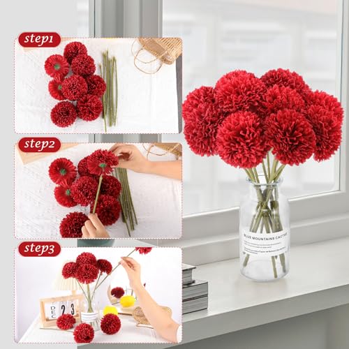 Rowfad 12 Pcs Artificial Chrysanthemums Flowers Patriotic Flowers 4th of July Fake Mums Flowers Silk Red White Blue Flower for Home Decor Indoor Memorial Day Table Centerpiece (12, Red White Blue) - color: Red White Blue