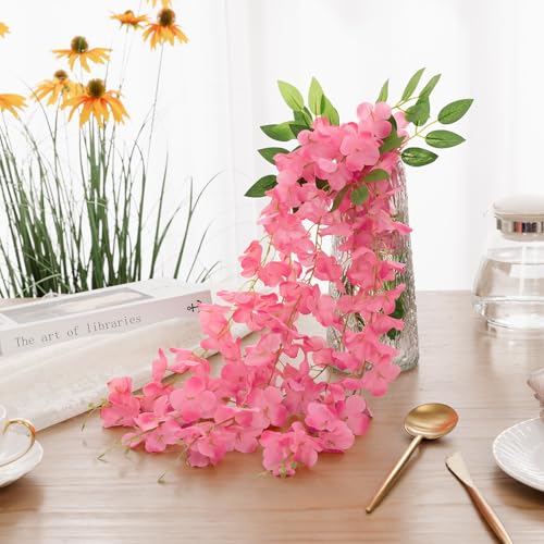 U'Artlines 24 Pack (Total 86.4 Feet) Artificial Fake Wisteria Vine Rattan Hanging Garland Silk Flowers String Home Party Wedding Decor (24, Fuchsia) - color: Fuchsia