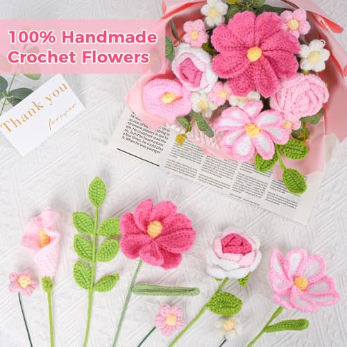 RICHMYC Crochet Flower Bouquet, 10.6 in Pink Handmade Crochet Bouquet Knitted Flowers Roses Tulip Flower, Mother’s Day Personalized Gifts for Birthday Anniversary Mom Women Wife Lover