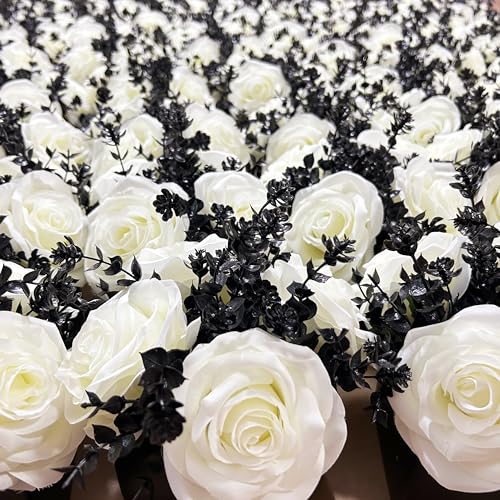 LADADA Artificial Flowers with Small Ceramic Vases | Roses in Vases Plastic Artificial Flowers and Plants,Used for Home Office Wedding Decoration（white + black） - color: White+black
