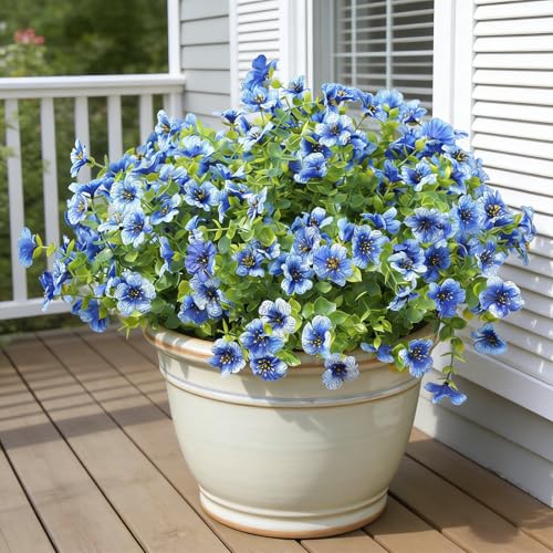 12 Bundles Artificial Flowers for Outdoor UV Resistant and Realistic, Faux Daisy Fake Flowers with Eucalyptus Leaves for Porch, Patio, Planter, Window Box, Home, Garden Decor - color: Blue