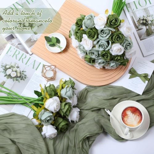 Hoteam 72 Heads White Green Artificial Rose Flowers 6 Bouquet Wedding Decoration Faux Flower Arrangement Bouquet with Stem Bridal Shower Gift Floral Centerpiece for Tables - color: White Green