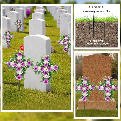 Artificial Cemetery Flowers,Set of 2 Faux Floral Cross,Artificial Rose Bouquet Decoration for Cemetery Headstones Gravesites,Silk Flowers for Long-Lasting Remembrance (Purple) - color: Purple