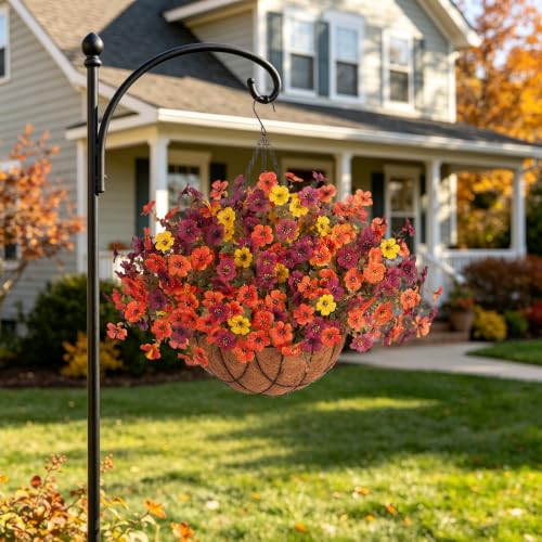 Fake Mums Artificial Fall Flowers with Hanging Baskets Outdoors for Decoration Faux mums for outdoor planters Daisy Flower with Eucalyptus Leaves for Porch Home Patio Balcony and Yard Autumn Decor - color: Orange Brown Yellow
