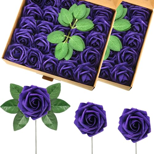 50 Pcs Artificial Foam Rose Flower Faux Bouquet Wedding Fake Rose Gift for Mother's Day Women DIY Bridal Shower Party Table Birthday Home Spring Decor (Purple) - color: Dual Shades of Blue