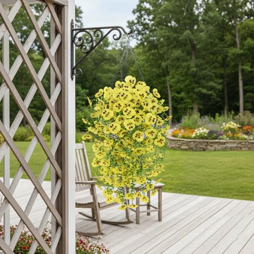 Yellow Artificial Hanging Flowers for Outdoors, 4 PCS 29.5in UV Resistant Faux Outdoor Hanging Plants Pansy Flowers Fake Cascading Floral Vines for Porch Patio Balcony Pergola - color: Yellow