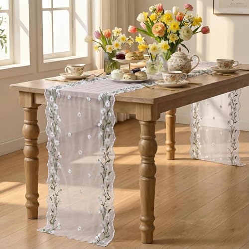 Artoid Mode Daisy Floral Light Pink Shaped Gauze Embroidery Table Runner 120 Inch 10FT, Tulle Spring Summer Kitchen Dining Table Decor for Home Party - color: Light Pink