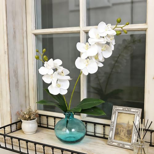 2 Branches Artificial White Phaleanopsis Flowers Faux Orchids Stems Leaves Plants for Home Bonsai Garden Decoration (White)