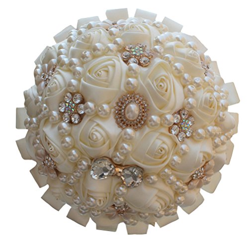 USIX Handcraft Popular Satin Rose Rhinestone Brooch Flower Pearl Bridal Holding Wedding Bouquet Wedding Flower Arrangements Bridesmaid Bouquet(Ivory) - color: Ivory