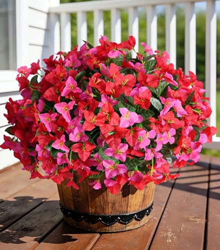INSPRING Faux Bougainvillea Artificial Flowers for Outdoors, 4 Bundles Fake Bougainvillea Realistic Silk Flowers for Outside UV Resistant Outdoor Plants for Porch Patio Window Box Garden Home Decor - color: Redpink