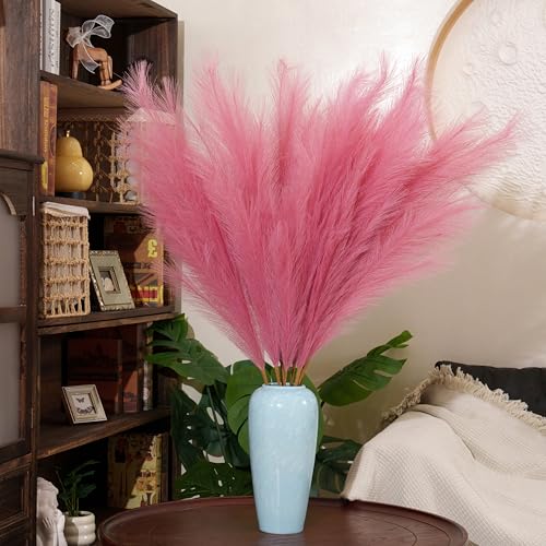 Premium Faux Dark Pink Pampas Grass – 43.3" Tall Fluffy Decor, 8pcs 18-Branch One-Piece Stems No Assembly, Luxury Silk-Feel Feather Flowers for Wedding Boho Home Decor (Magenta, 8 Stems / 110cm) - color: Faux Dark Pink, size: 8pcs 43.3"(110cm)