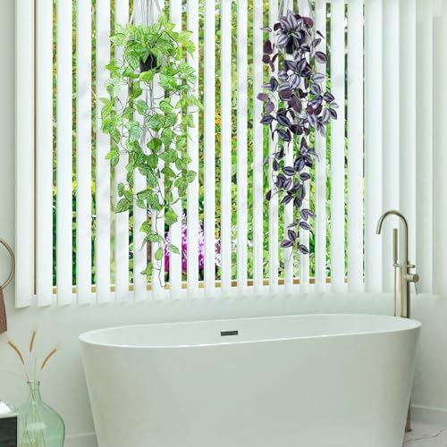 LOYWREE 3Pack Small Fake Hanging Purple Plant Artificial Potted Plants Indoor 39-in Long Faux Dark Black Vine Plant for Shelf Home Office and Outdoor Garden Decor (Black Pot) - color: Eyebrow, size: 3Pack