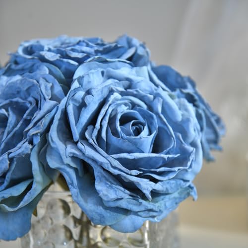 Artificial Rose in Glass Vase Vintage Silk Flower Arrangement with LED Light for Table Centerpiece Home Wedding Decoration (Dusty Blue) - color: Dusty Blue