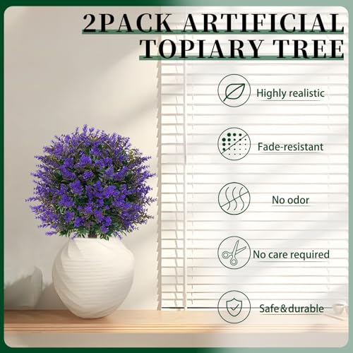Artificial Lavender Topiary Ball Trees, 2 Set of Boxwood Outdoor Shrubs with Spike, Faux Bushes UV Resistant Fake Plants for Garden Front Porch Indoor Decor - color: Lavender Ball