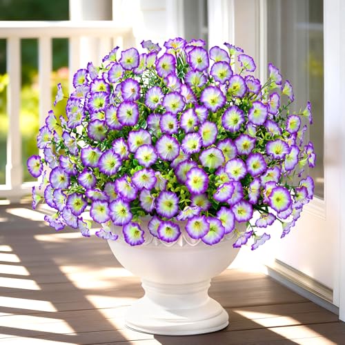Yastouay Artificial Flowers for Outdoors, 26 Bundles Fake Outdoor Flowers, UV Resistant Artificial Plants & Flowers for Decoration, Purple/White Realistic Morning Glory for Outdoor Porch Garden - color: Purple/White, size: 26 Bundles