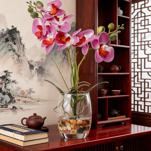 Jusdreen Artificial Purple Orchid in Glass Vase, Realistic Phalaenopsis Arrangement with Potting for Home Office Table Decor, 14.5 Inch Flower Centerpiece - color: Glass-purple