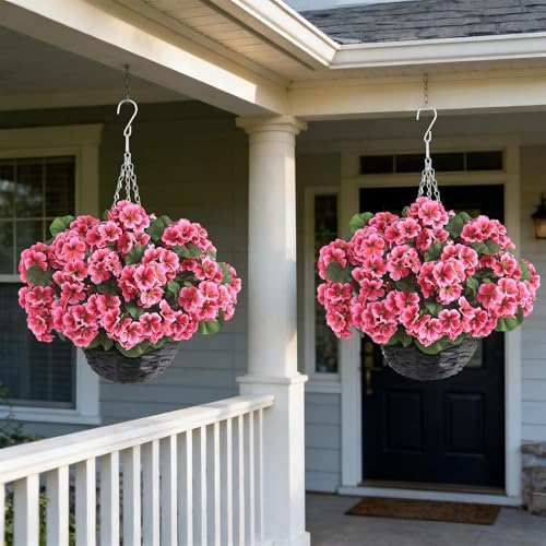 GLIDLION 2 Set Artificial Geraniums Flowers with Hanging Baskets for Outdoors - Sun Resistant Silk with Geranium Flowers, Fake Hanging Planters for Front Porch Garden Patio Home Decor (Peach Pink) - color: Peach Pink