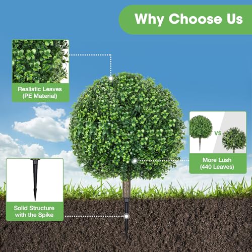 25.6" Artificial Boxwood Topiary Ball Trees: 2 Pack Artificial Shrubs with Spike – UV Resistant Fake Bushes, Evergreen Artificial Plants for Outdoor Indoor Front Porch Garden Yard - color: Boxwood