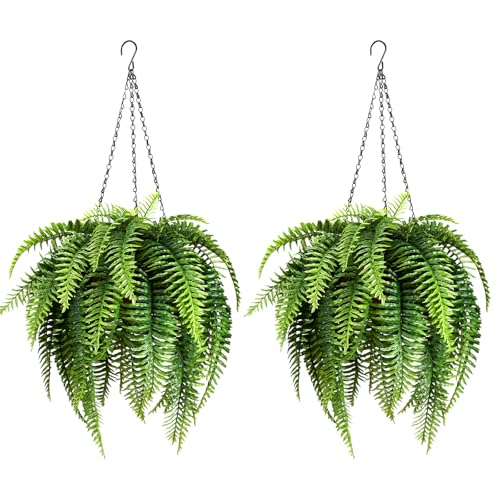 2 Set Fake Ferns with Hanging Baskets, Realistic Fake Hanging Plants, UV Resistant Artificial Ferns Outdoor Faux Plants for Front Porch Patio Garden Home Décor, No Assembly Required