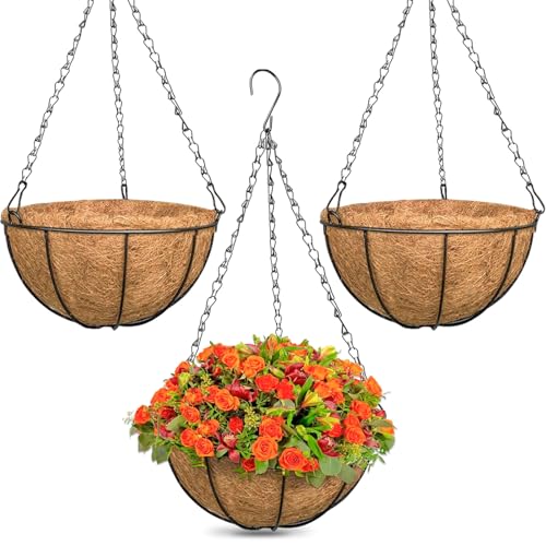 ZeeDix 3 Pack 12 Inch Outdoor Hanging Baskets, Metal Wire Hanging Planters with Coconut Liners, Round Hanging Baskets for Plants Flowers Ferns Home Garden Porch Balcony Railings Decor - color: 3 Pack, size: 12 Inch