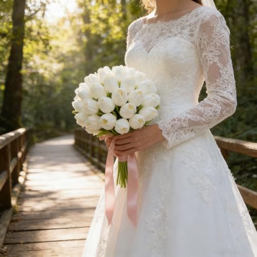 Artificial Tulips Bridal Wedding Festival Decor Bouquet Real Touch PU Flower Bouquet Pack of 20 (White) - color: White