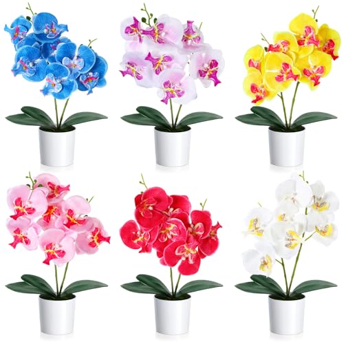 Thiccywoov 6 Pcs Fake Orchids Flowers in Pot 6 Colored Artificial Orchid Flowers with Plastic Vase Washable Silk Orchid Phalaenopsis Decor for Table Centerpiece Home Decor Office Wedding Party