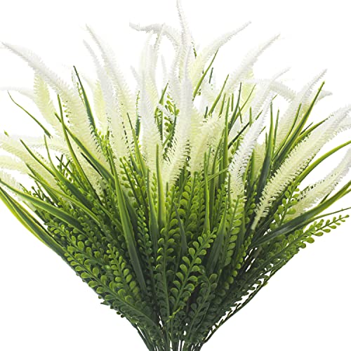 Grunyia 10 Bundles Artificial Plants Outdoor Fake Grass with Flowers UV Resistant Greenery Garden Porch Window Box Decorating (White) - color: White