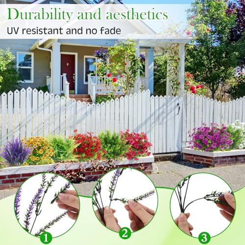 Thiccywoov 60 Pcs Artificial Outdoor Flowers UV Resistant Faux Plastic Plants Bulk Mixed Lavender Baby's Breath Eucalyptus Daisy Greenery Stems for Garden Patio Porch Window Box Home Wedding Decor