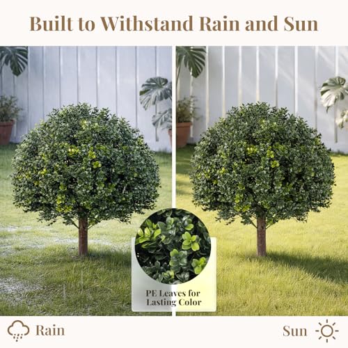 Artificial Topiary Ball Tree Outdoor Plants with Ground Spike 27" UV-Resistant Faux Shrubs, Eucalyptus Fake Plants for Indoor & Outdoor Use, Yard, Porch, and Patio Decor - color: Topiary Ball Tree-2