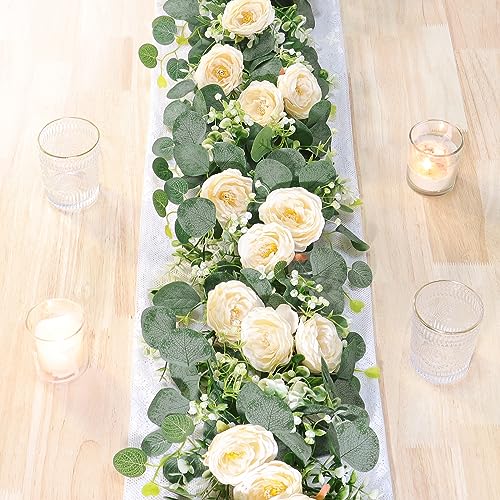 TOCHGREEN 2 Pack 12Ft Artificial Eucalyptus Flower Garland with Champagne Roses, Fake Rose Flower Greenery Garland Floral Vines for Wedding Home Party Table Runner Decor (2PCS, Champagne) - color: Champagne, size: 2PCS