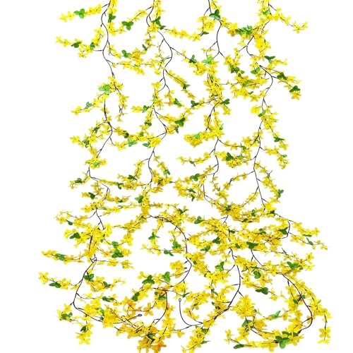 4PCS 23.6ft Forsythia Garland Artificial Flowers Vine Spring Yellow Silk Flower Garland Artificial Jasmine Vines Fake Flower Vine Hanging Ivy for Home Indoor Outdoor Wall Wedding Arch - color: Yellow-4