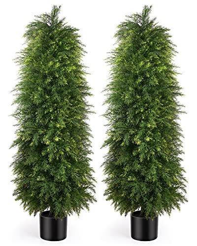 2 Pack 5ft Artificial Cedar Topiary Trees, Outdoor Artificial Plants for Front Porch Décor, Artificial Shrubs Fake Plants Uv Rated Potted Plants for Outdoor, Indoor, Front Door, Office - size: 5Ft