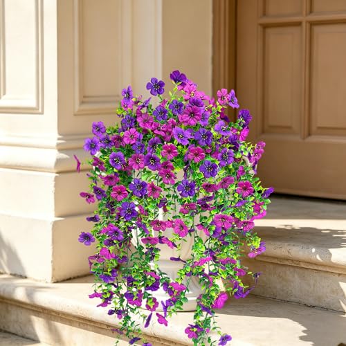 UV Resistant Artificial Hanging Flowers Outdoor Decor - 2 Pack Fake Hanging Plants with Silk Daisies for Spring Summer, No Fade Faux Flowers for Planter, Front Door, Porch, Patio, Garden, Yard - color: Purple Light Purple