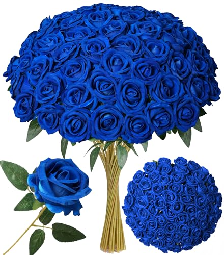 50 PCS Blue Roses Artificial Flowers, Real Looking Fake Roses with Long Stems Silk Flowers for DIY Wedding Bouquet Party Celebration Home Bridal Shower Decoration Valentine's Day Gift for Her Wife - color: Blue
