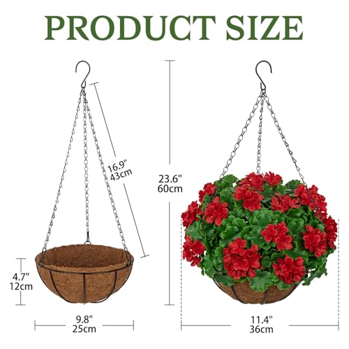 Geraniums Artificial Flowers Hanging Basket for Outdoors, UV Resistant Realistic Artificial Red Geranium Flowers for Outdoor Porch Garden Patio Home Decor - color: Red, size: Medium