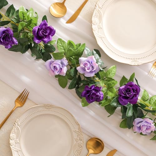 JUSTOYOU 2 Pack (15.8FT) Fake Rose Garland, Artificial Roses Vines Flower Garland Hanging Floral Vine Wedding Home Backdrop Party Arch Arrangement Decoration - color: Purple